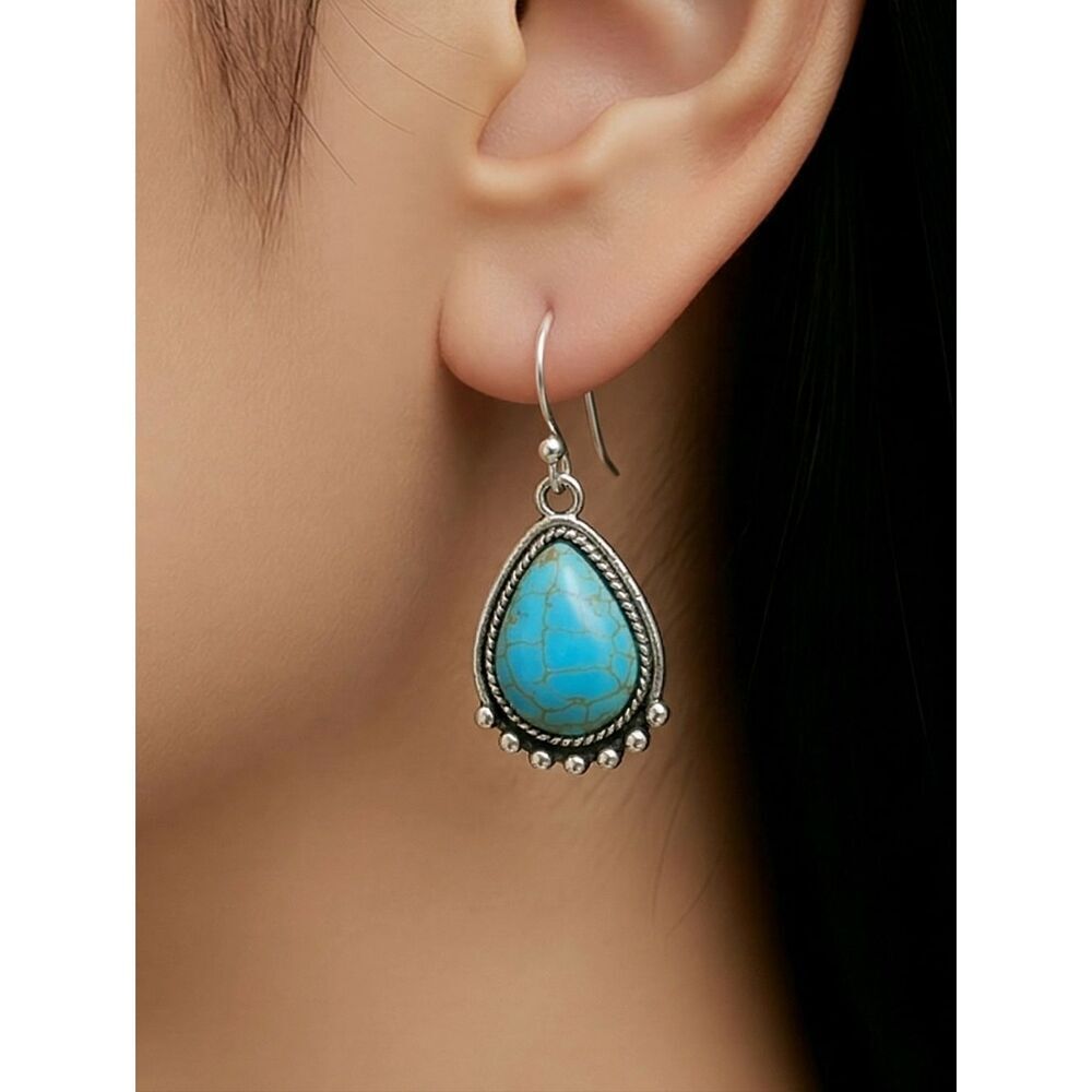 Turquoise Teardrop Earrings | Beaded Silver Edge Dangle Jewelry NWT Boho Western